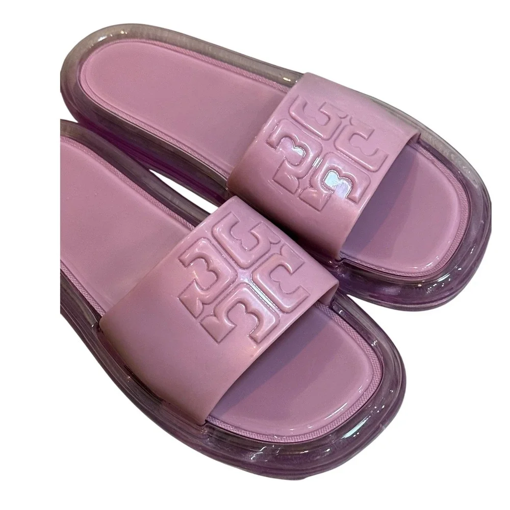 Tory Burch Bubble Jelly Slide Sandals Pink Salt Wide Strap Logo 8B